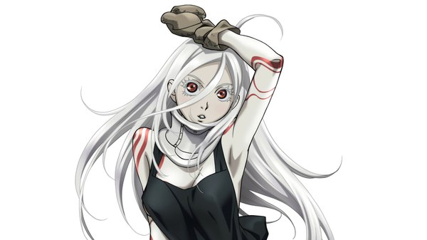Anime picture 2133x1200 with deadman wonderland shiro (deadman wonderland) single long hair looking at viewer highres simple background wide image white background brown eyes white hair armpit (armpits) girl mittens