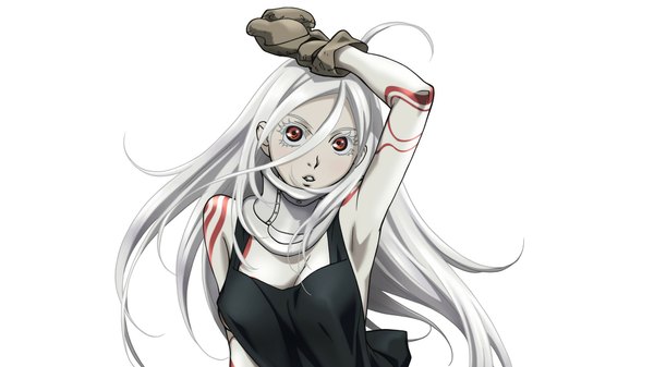 Anime-Bild 2133x1200 mit deadman wonderland shiro (deadman wonderland) single long hair looking at viewer highres simple background wide image white background brown eyes white hair armpit (armpits) girl mittens