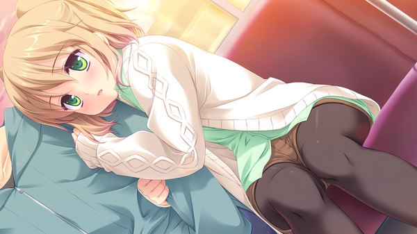 Anime picture 1920x1080 with melty moment amane natsuki blush highres short hair open mouth blonde hair wide image green eyes game cg hug girl boy shorts sweater