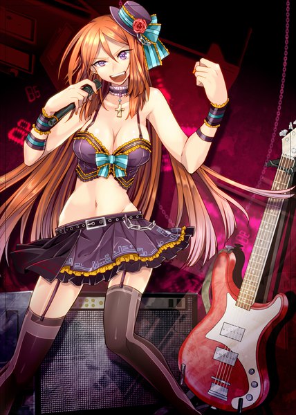 Anime picture 1000x1402 with utau namine ritsu toudou charo single long hair tall image looking at viewer fringe breasts open mouth light erotic hair between eyes large breasts purple eyes cleavage :d pleated skirt orange hair midriff alternate costume