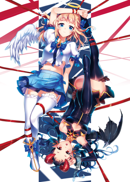 Anime picture 740x1038 with original songmil long hair tall image open mouth blue eyes light erotic black hair blonde hair red eyes horn (horns) demon girl angel wings angel girl thighhighs dress skirt ribbon (ribbons) black thighhighs