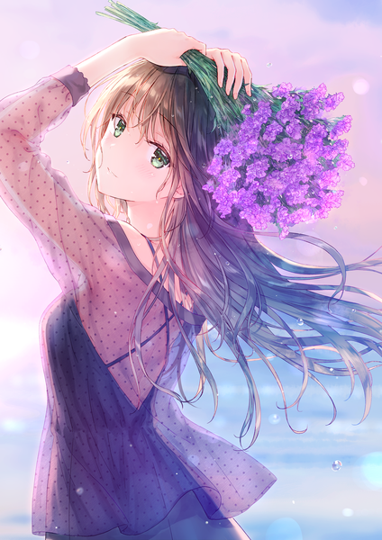 Anime picture 1000x1416 with original hiten (hitenkei) single long hair tall image looking at viewer blush fringe hair between eyes brown hair holding green eyes upper body looking back wind polka dot girl dress flower (flowers) transparent clothing