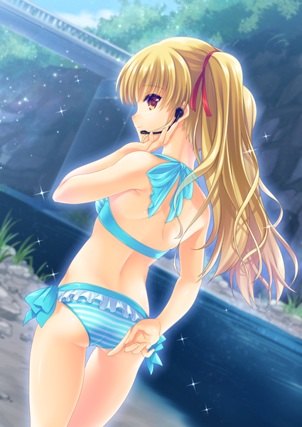 Anime picture 752x1062 with angel beats! key (studio) yusa (angel beats!) satomi yoshitaka single long hair tall image looking at viewer fringe breasts light erotic blonde hair hair between eyes twintails bare shoulders brown eyes ass outdoors profile looking back