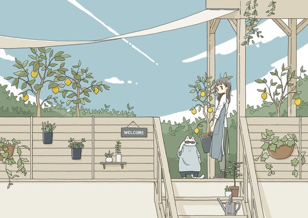 Anime picture 4096x2892 with original east sha2 single long hair looking at viewer highres standing absurdres sky long sleeves grey hair black eyes carrying condensation trail girl plant (plants) animal tree (trees) apron cat