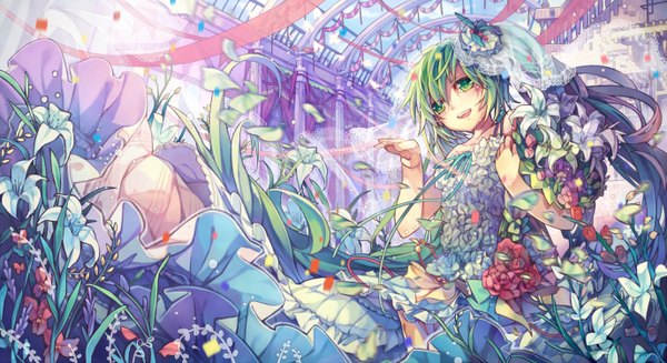 Anime picture 1375x750 with vocaloid hatsune miku yayin (yayin233) single long hair open mouth wide image green eyes green hair girl dress flower (flowers) plant (plants) petals