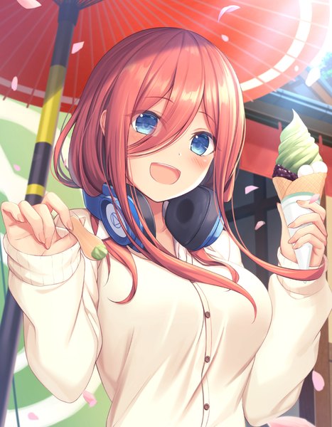 Anime picture 900x1156 with go-toubun no hanayome nakano miku tiphereth single long hair tall image looking at viewer blush fringe breasts open mouth blue eyes smile hair between eyes brown hair holding upper body outdoors :d fingernails