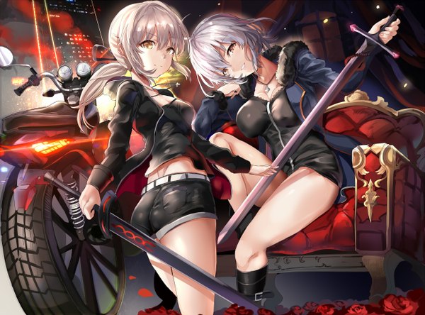 Anime picture 1250x926 with fate (series) fate/grand order artoria pendragon (all) jeanne d'arc (fate) (all) jeanne d'arc alter (fate) saber alter himuro (dobu no hotori) long hair looking at viewer fringe short hair breasts blonde hair smile hair between eyes large breasts sitting holding yellow eyes payot