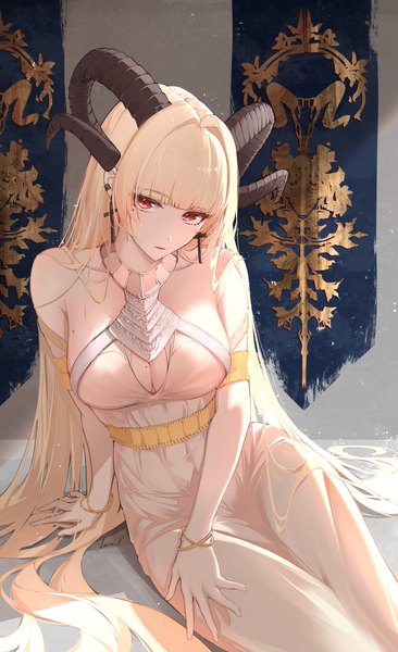 Anime picture 1221x2000 with original leria v single long hair tall image looking at viewer fringe breasts light erotic blonde hair red eyes sitting bare shoulders signed blunt bangs horn (horns) mole arm support mole under eye slit pupils