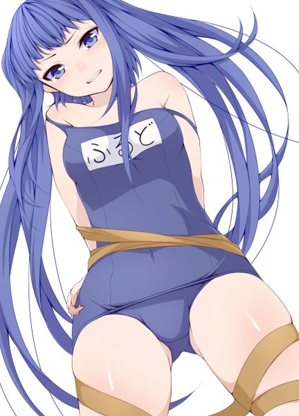 Anime picture 1800x2500 with umineko no naku koro ni furudo erika nemu (nebusokugimi) single long hair tall image looking at viewer highres blue eyes light erotic white background blue hair girl swimsuit one-piece swimsuit school swimsuit