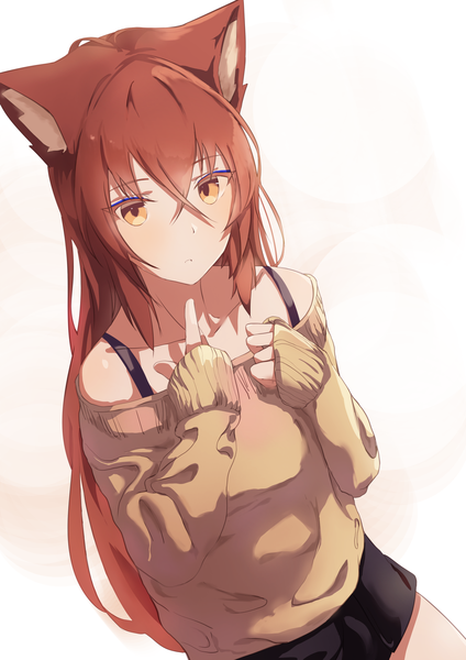 Anime picture 1447x2047 with original mikisai single long hair tall image looking at viewer blush fringe simple background hair between eyes brown hair white background bare shoulders brown eyes animal ears long sleeves parted lips off shoulder dutch angle finger to mouth