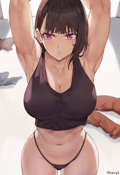 Anime picture 2402x3500 with en'en no shouboutai david production maki oze shexyo single tall image looking at viewer blush fringe highres short hair breasts light erotic brown hair large breasts standing signed cleavage parted lips pink eyes