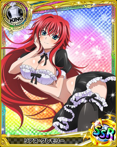Anime picture 640x800 with highschool dxd rias gremory single tall image looking at viewer blush breasts blue eyes light erotic large breasts cleavage red hair very long hair maid card (medium) girl thighhighs skirt uniform black thighhighs