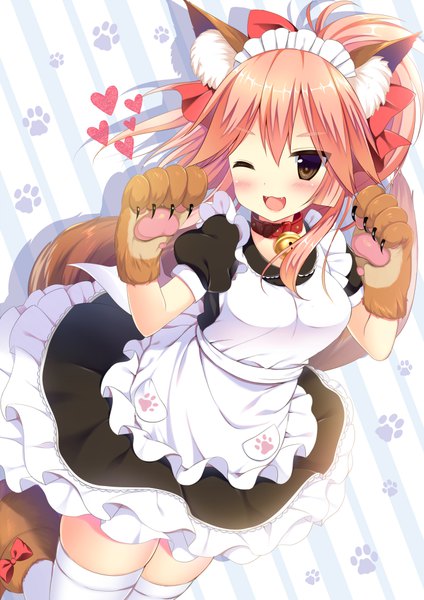 Anime picture 700x990 with fate (series) fate/grand order tamamo (fate) (all) tamamo cat (fate) shibainu niki single long hair tall image blush open mouth smile brown eyes animal ears looking away pink hair ponytail tail :d animal tail one eye closed