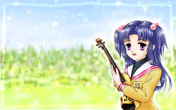 Anime picture 1280x800 with clannad key (studio) ichinose kotomi long hair wide image purple eyes blue hair two side up uniform hair ornament school uniform musical instrument hair bobbles violin minme