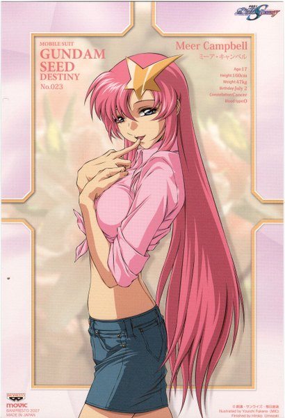 Anime picture 1852x2707 with mobile suit gundam gundam seed destiny sunrise (studio) meer campbell fukano youichi single long hair tall image highres open mouth pink hair grey eyes girl hair ornament miniskirt hairclip star (symbol) star hair ornament