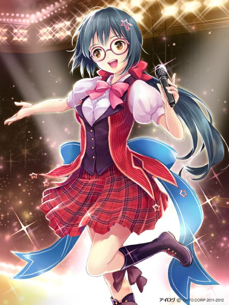 Anime picture 640x853 with ilog ogawa madoka occhan long hair tall image blush open mouth black hair smile brown eyes bent knee (knees) ponytail :d pleated skirt plaid skirt girl skirt bow hair bow glasses