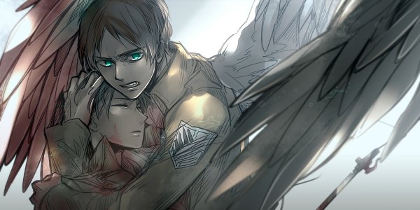 Anime picture 1200x600 with shingeki no kyojin production i.g eren yaeger levi (rivaille) yoimosezu looking at viewer short hair brown hair wide image green eyes eyes closed multiple boys grin angel wings angry boy uniform sword blood 2 boys