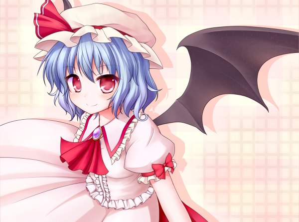 Anime picture 1200x890 with touhou remilia scarlet aka tawashi single short hair smile red eyes blue hair girl dress hat wings headdress