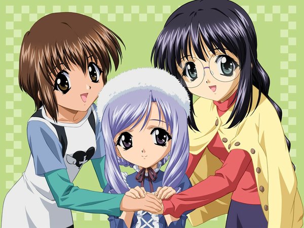 Anime picture 1024x768 with sister princess zexcs aria (sister princess) marie (sister princess) mamoru (sister princess) loli glasses winter clothes