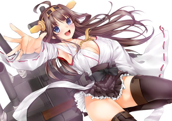 Anime picture 1200x848 with kantai collection kongou battleship obiwan single long hair looking at viewer blush breasts open mouth blue eyes light erotic brown hair white background ahoge girl thighhighs hair ornament black thighhighs detached sleeves