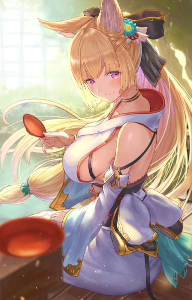 Anime picture 1729x2692 with granblue fantasy yuisis (granblue fantasy) hayataku1234 single long hair tall image looking at viewer blush fringe highres breasts light erotic blonde hair smile large breasts sitting purple eyes bare shoulders holding animal ears