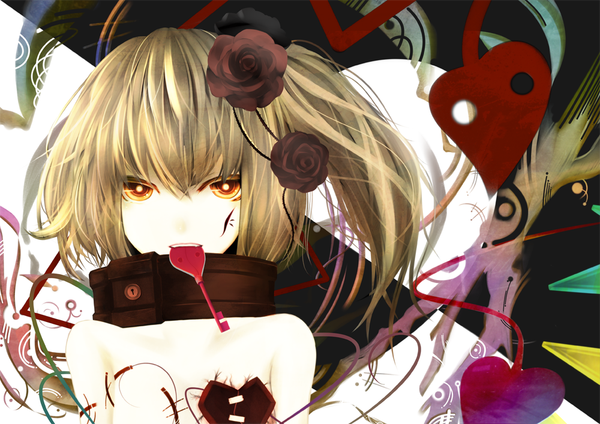 Anime picture 1000x707 with touhou flandre scarlet kazabosi single looking at viewer short hair blonde hair yellow eyes girl flower (flowers) weapon wings heart key laevatein (touhou)