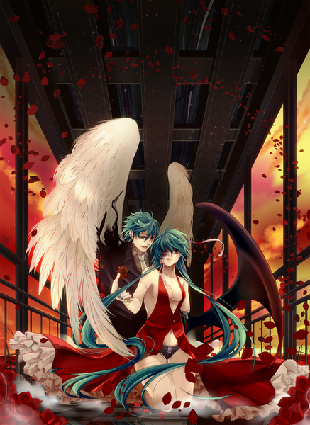 Anime picture 1000x1373 with vocaloid hatsune miku hatsune mikuo domco nastu (artist) long hair tall image fringe short hair breasts open mouth light erotic smile red eyes twintails bare shoulders cleavage very long hair nail polish aqua eyes