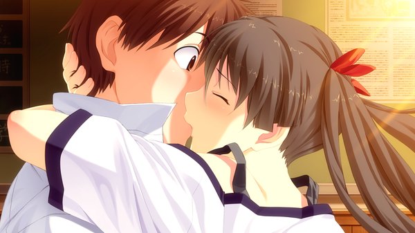 Anime picture 1024x576 with suigetsu 2 long hair short hair black hair red eyes brown hair wide image twintails game cg eyes closed couple kiss girl boy
