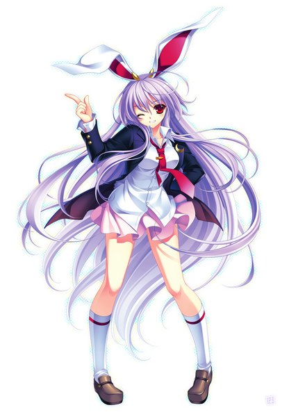 Anime picture 800x1154 with touhou reisen udongein inaba riv single long hair tall image looking at viewer simple background red eyes white background animal ears purple hair one eye closed wink bunny ears bunny girl girl skirt socks necktie