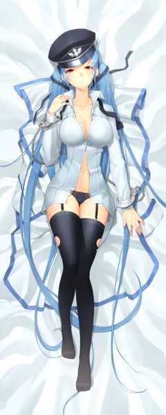 Anime picture 2362x5904 with sword girls luthica preventer beong-eoli single tall image blush highres light erotic red eyes twintails blue hair very long hair dakimakura (medium) girl thighhighs underwear panties ribbon (ribbons) black thighhighs hair ribbon