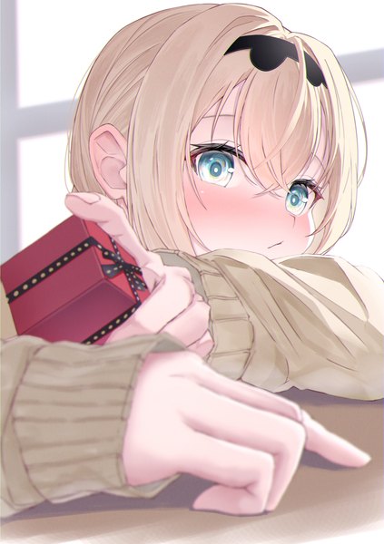 Anime picture 2890x4096 with virtual youtuber hololive kazama iroha rin (rin illust 0805) single long hair tall image looking at viewer blush fringe highres blue eyes blonde hair hair between eyes holding indoors long sleeves alternate costume sleeves past wrists girl