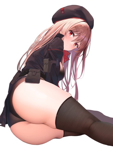 Anime picture 1434x1971 with goddess of victory: nikke rapi (nikke) yukishiro arute single long hair tall image looking at viewer blush fringe breasts light erotic simple background blonde hair hair between eyes red eyes white background ass lying thighs skindentation