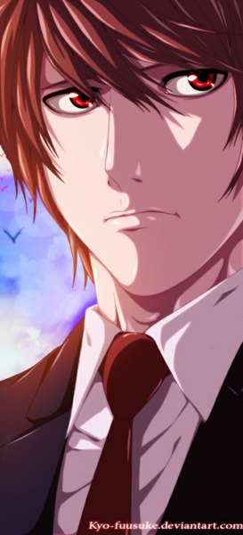 Anime picture 466x1024 with death note madhouse yagami light fuuzuke single tall image short hair red eyes brown hair sky cloud (clouds) coloring close-up boy animal necktie bird (birds) suit