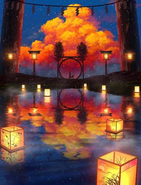 Anime picture 1000x1313 with original pei (sumurai) single tall image animal ears sky cloud (clouds) tail traditional clothes japanese clothes animal tail fox ears fox tail evening reflection scenic silhouette ambiguous gender different reflection plant (plants)