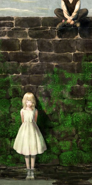 Anime picture 1250x2500 with original diolemonde tall image blonde hair standing sitting eyes closed lips partially submerged against wall brick wall girl dress boy flower (flowers) plant (plants) water white dress wall