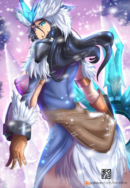 Anime picture 1024x1475 with league of legends sivir (league of legends) torahime (roland00) single long hair tall image looking at viewer fringe breasts open mouth blue eyes light erotic hair between eyes large breasts blue hair looking back erect nipples fur trim covered nipples snowing