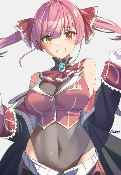 Anime picture 1207x1746 with virtual youtuber hololive houshou marine houshou marine (1st costume) reulem single long hair tall image looking at viewer fringe light erotic simple background smile hair between eyes twintails signed pink hair grey background heterochromia grin