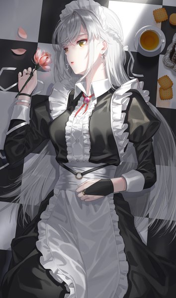 Anime picture 2063x3500 with original kfr single long hair tall image fringe highres open mouth holding yellow eyes payot looking away silver hair indoors lying braid (braids) long sleeves from above maid on back