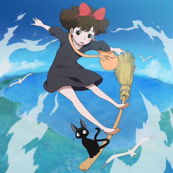 Anime picture 800x800 with kiki's delivery service studio ghibli kiki jiji yazwo single blush fringe short hair open mouth brown hair sky cloud (clouds) full body looking down spread arms horizon flying witch broom riding