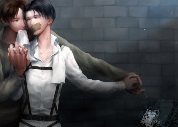 Anime picture 2088x1488 with shingeki no kyojin production i.g eren yaeger levi (rivaille) johnny lmd highres short hair black hair brown hair holding multiple boys grey eyes hug mouth hold holding hands eye contact partially open clothes shounen ai hug from behind boy