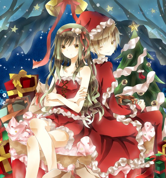 Anime picture 1672x1800 with kagerou project shaft (studio) kido tsubomi kano shuuya long hair tall image blush short hair smile sitting bare shoulders one eye closed looking back pointy ears wink couple christmas crossed arms back to back merry christmas