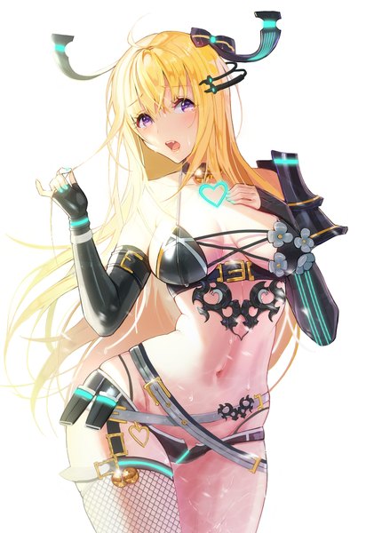 Anime picture 699x1018 with original lloule single long hair tall image looking at viewer blush fringe breasts open mouth light erotic simple background blonde hair white background purple eyes bare shoulders nail polish sunlight bare belly girl