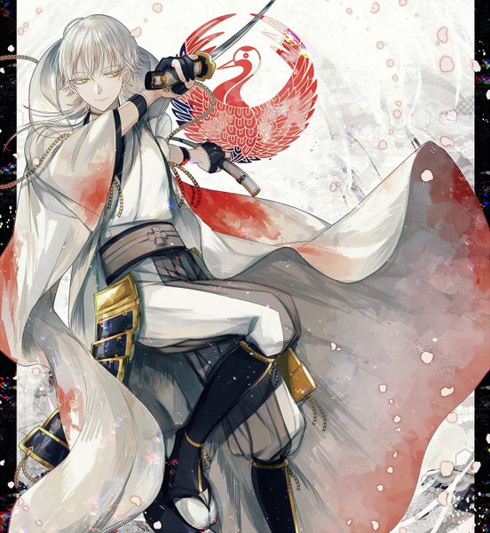 Anime picture 1379x1500 with touken ranbu nitroplus tsurumaru kuninaga abandon ranka single tall image fringe short hair yellow eyes looking away silver hair bent knee (knees) light smile boy gloves weapon petals sword black gloves katana