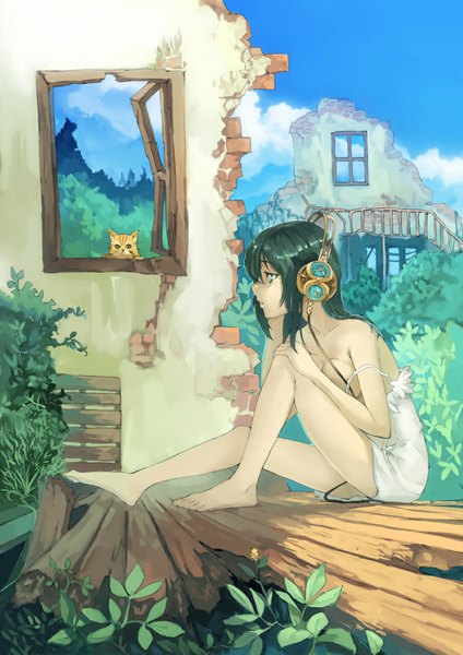 Anime picture 827x1169 with bh001 (daspaint) single tall image short hair breasts open mouth light erotic large breasts bare shoulders green eyes sky cloud (clouds) profile barefoot green hair no bra evening sunset strap slip leg lift (legs lift)