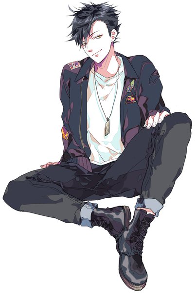 Anime picture 605x900 with haikyuu!! production i.g kuroo tetsurou reika (artist) single tall image looking at viewer fringe short hair black hair simple background smile hair between eyes white background sitting yellow eyes full body bent knee (knees) head tilt arm support