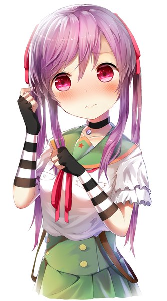 Anime picture 1000x1802 with gakkou gurashi! ebisuzawa kurumi yamato (muchuu paradigm) single long hair tall image blush fringe simple background hair between eyes standing white background twintails looking away purple hair upper body pink eyes short sleeves embarrassed adjusting hair