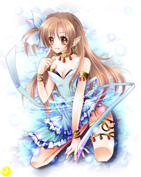 Anime picture 1000x1250 with original midzuki single long hair tall image brown hair bare shoulders brown eyes girl dress ribbon (ribbons) bracelet