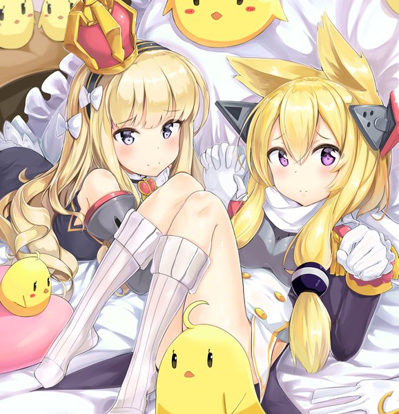 Anime picture 3630x3768 with azur lane warspite (azur lane) queen elizabeth (azur lane) j young ohshit long hair tall image looking at viewer blush fringe highres light erotic blonde hair hair between eyes purple eyes multiple girls animal ears absurdres holding hands paw pose