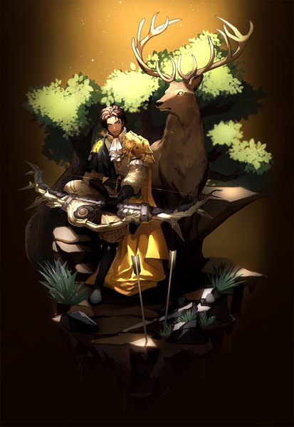Anime picture 1409x2048 with fire emblem fire emblem: three houses nintendo claude von riegan qiniing single tall image looking at viewer short hair simple background smile brown hair sitting holding green eyes full body parted lips boy gloves weapon