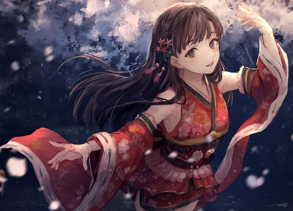 Anime-Bild 2048x1477 mit idolmaster idolmaster cinderella girls idolmaster cinderella girls starlight stage kobayakawa sae kouzuki kei single long hair looking at viewer blush fringe highres brown hair brown eyes signed blunt bangs traditional clothes japanese clothes cherry blossoms flower-falling banquet girl